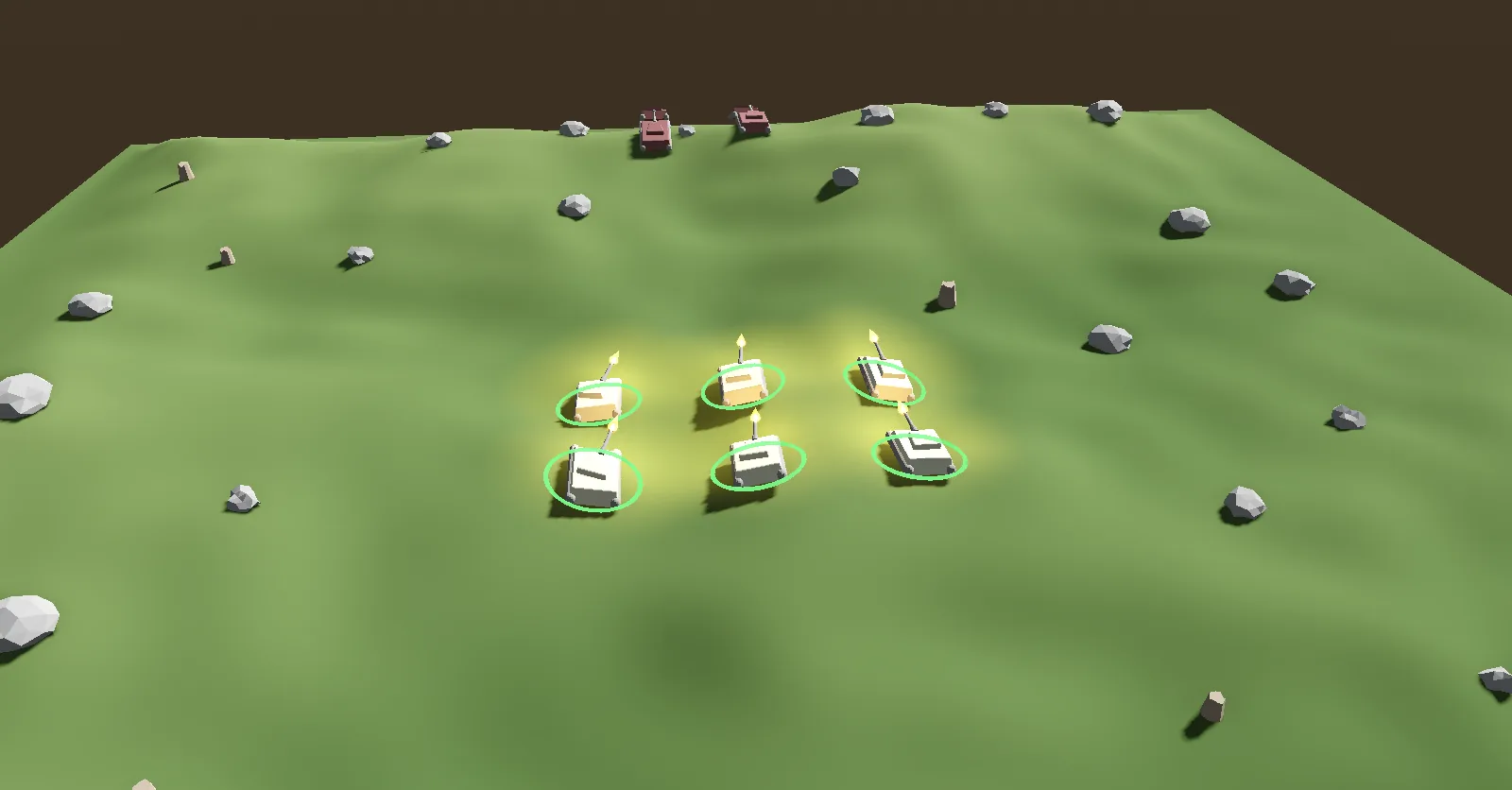 All six tanks fire at once: muzzle flashes light the grass yellow around them and shells climb away from the barrels toward the ridge.