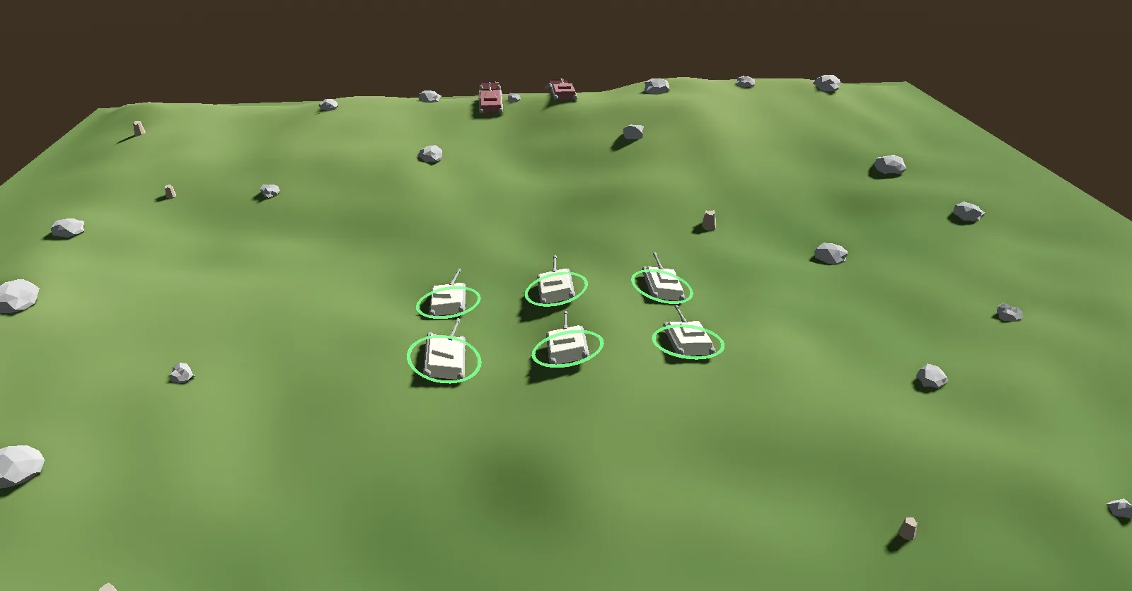 Six pale green-ringed tanks sit in two rows on a grassy hillside while four red enemy tanks wait on the ridge above them, boulders scattered across the slope between.